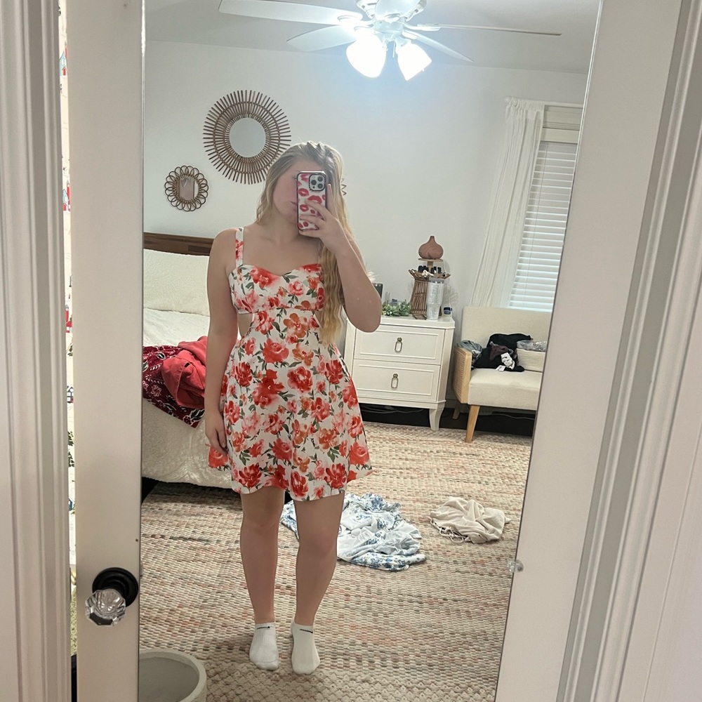 orange floral mini dress open back